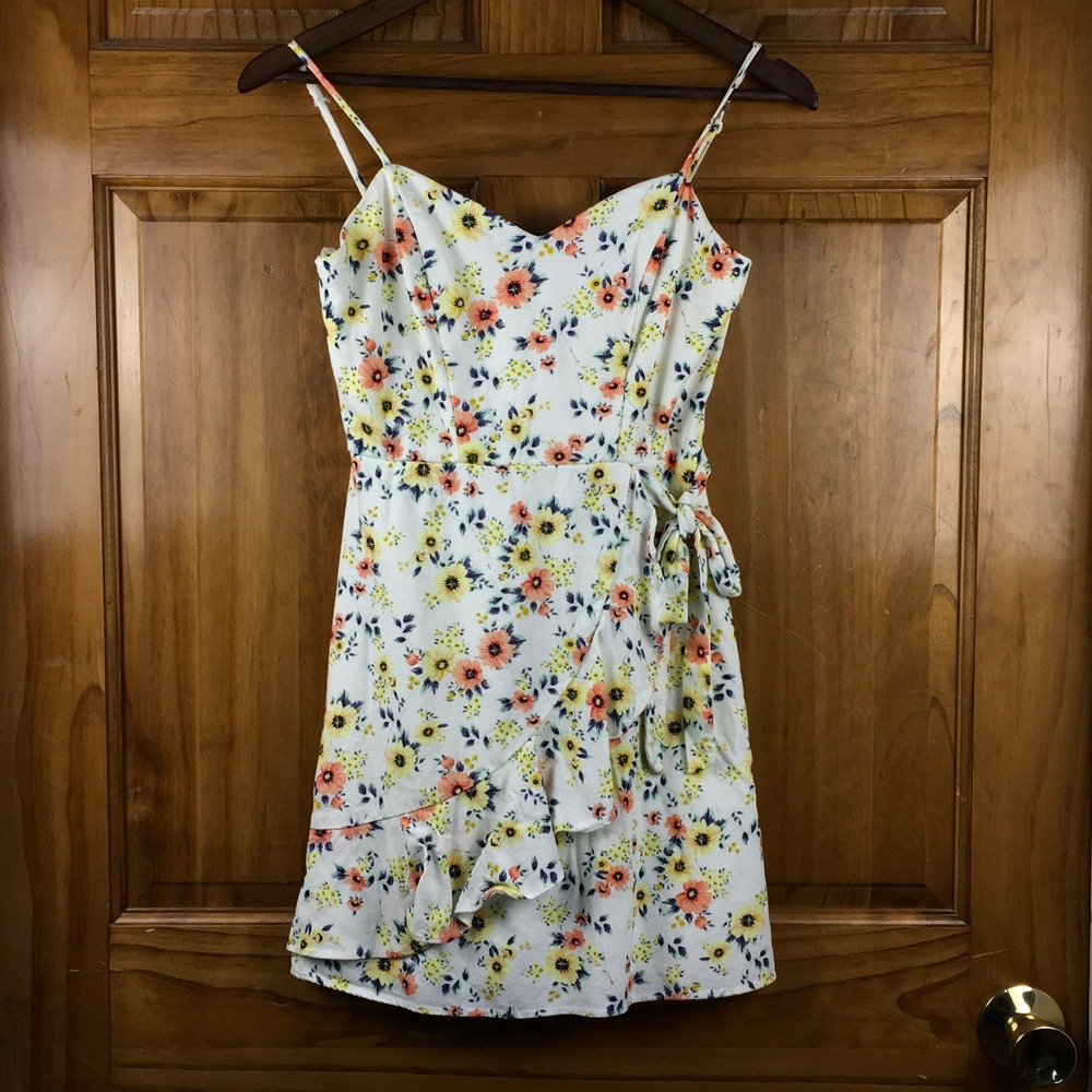 Floral Mini Dress Sz 1 Ruffle Garden Party Cottagecore Boho Linen Blend